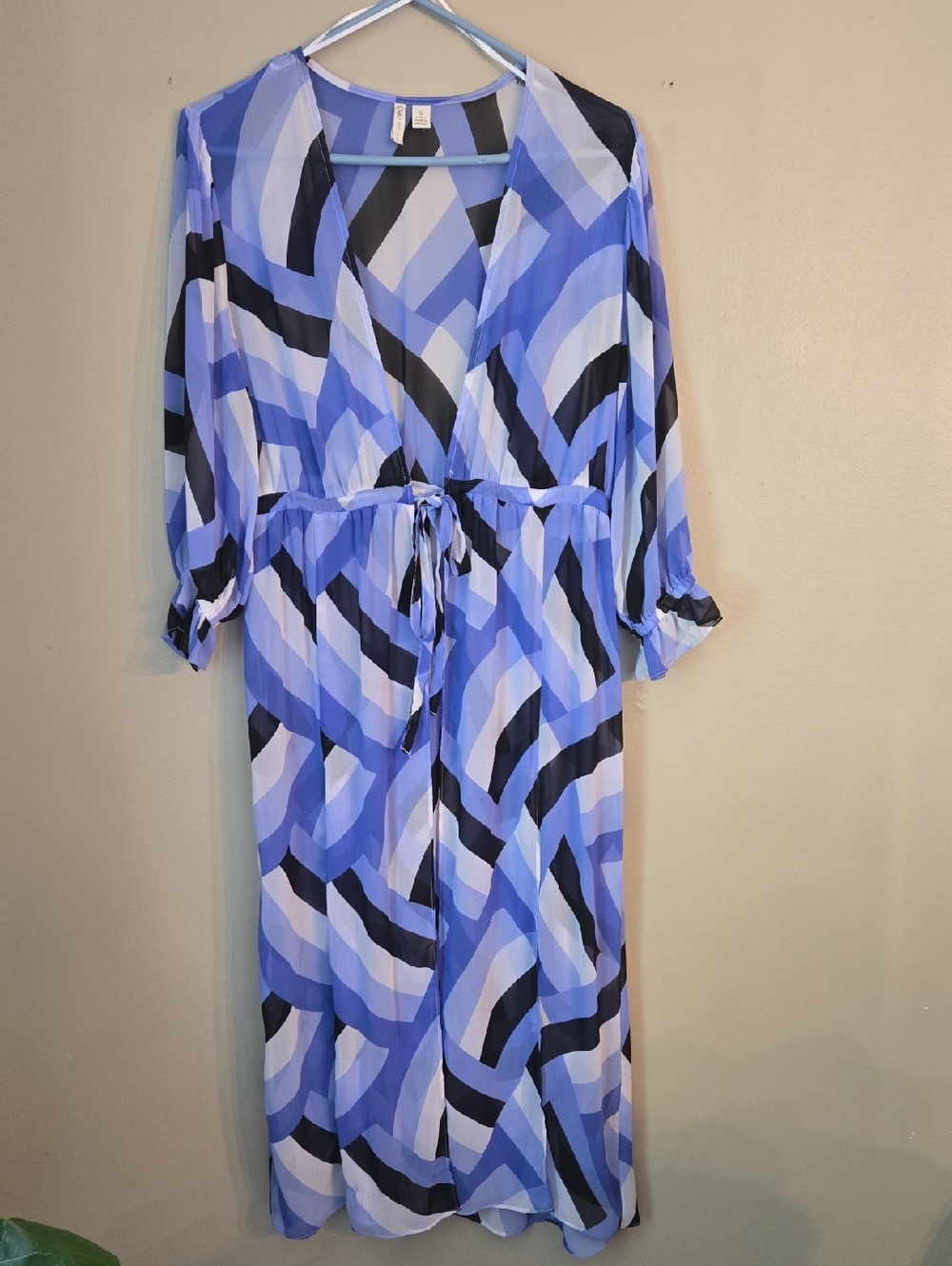 Cato - Blue Black and White Geometric Tie Front Long Duster Top